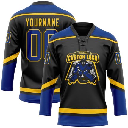 Personalized Black Royal Yellow Hockey Jersey with Lace Neck Design Personalized Black Royal-Yellow Hockey Lace Neck Jersey