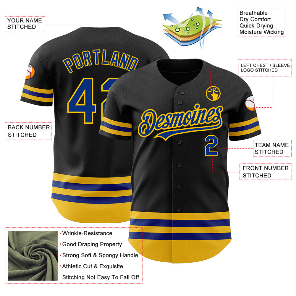 Personalized Black Royal-Yellow Line Baseball Jersey Personalized Black Baseball Jersey with Royal Yellow Lines for Men Personalized Black Royal-Yellow Line Baseball Jersey - Image 3