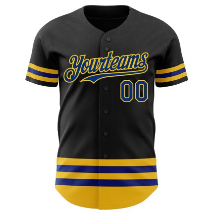 Personalized Black Baseball Jersey with Royal Yellow Lines for Men Personalized Black Royal-Yellow Line Baseball Jersey