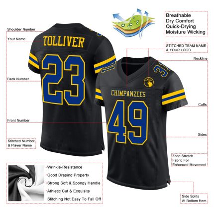 Custom Name and Number Authentic Football Jersey - Personalized Black Royal-Yellow Mesh Team Jersey Personalized Black Royal-Yellow