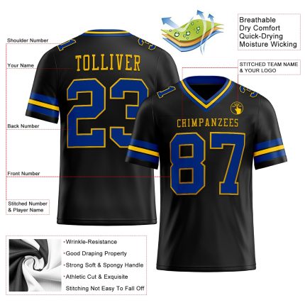 Personalized Black Yellow Mesh Football Jersey for Men Women - Customizable Sports Apparel Personalized Black Royal-Yellow
