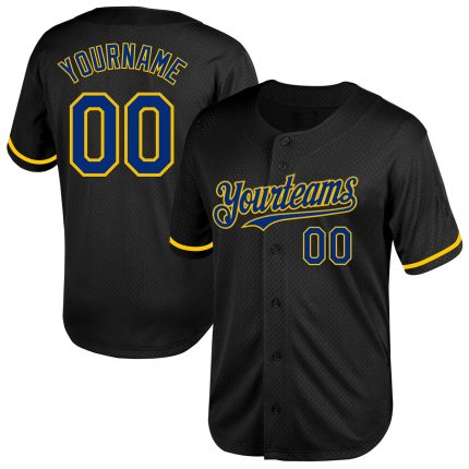 Personalized Black Yellow Mesh Throwback Baseball Jersey for Fans Personalized Black Royal-Yellow Mesh Throwback Baseball