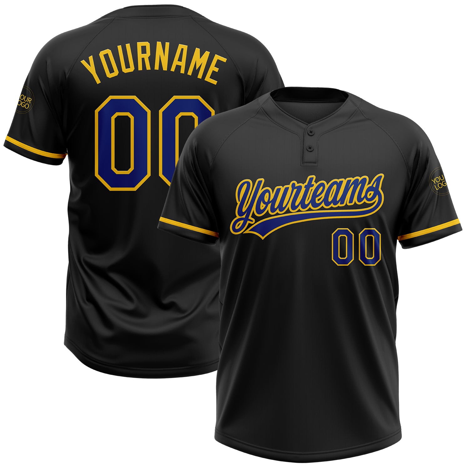 Custom Name and Number Unisex Softball Jersey - Personalized Black Royal-Yellow Two-Button Design Personalized Black Royal-Yellow
