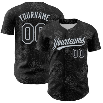 Custom Black Silver 3D Gothic Rose Baseball Jersey - Unique Personalized Apparel Personalized Black Silver 3D Gothic Style