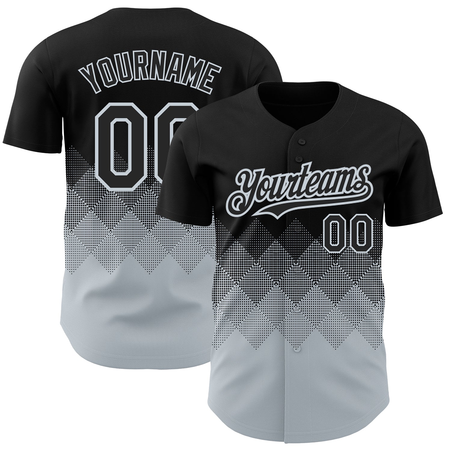 Personalized Black Silver 3D Gradient Baseball Jersey with Square Shapes Design Personalized Black Silver 3D Gradient Square