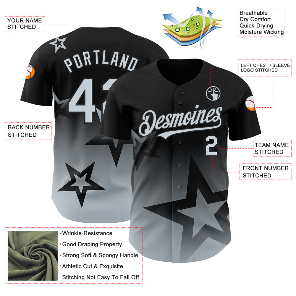 Personalized Black Silver 3D Gradient Style Twinkle Star Baseball Jersey Personalized Twinkle Star Baseball Jersey in Black Silver 3D Gradient Style Personalized Black Silver 3D Gradient Style Twinkle - Image 3