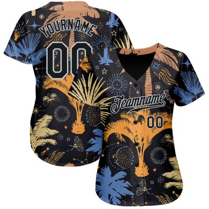 Personalized 3D Hawaii Palm Trees Baseball Jersey in Black Silver for Men Personalized Black Silver 3D Hawaii Palm Trees