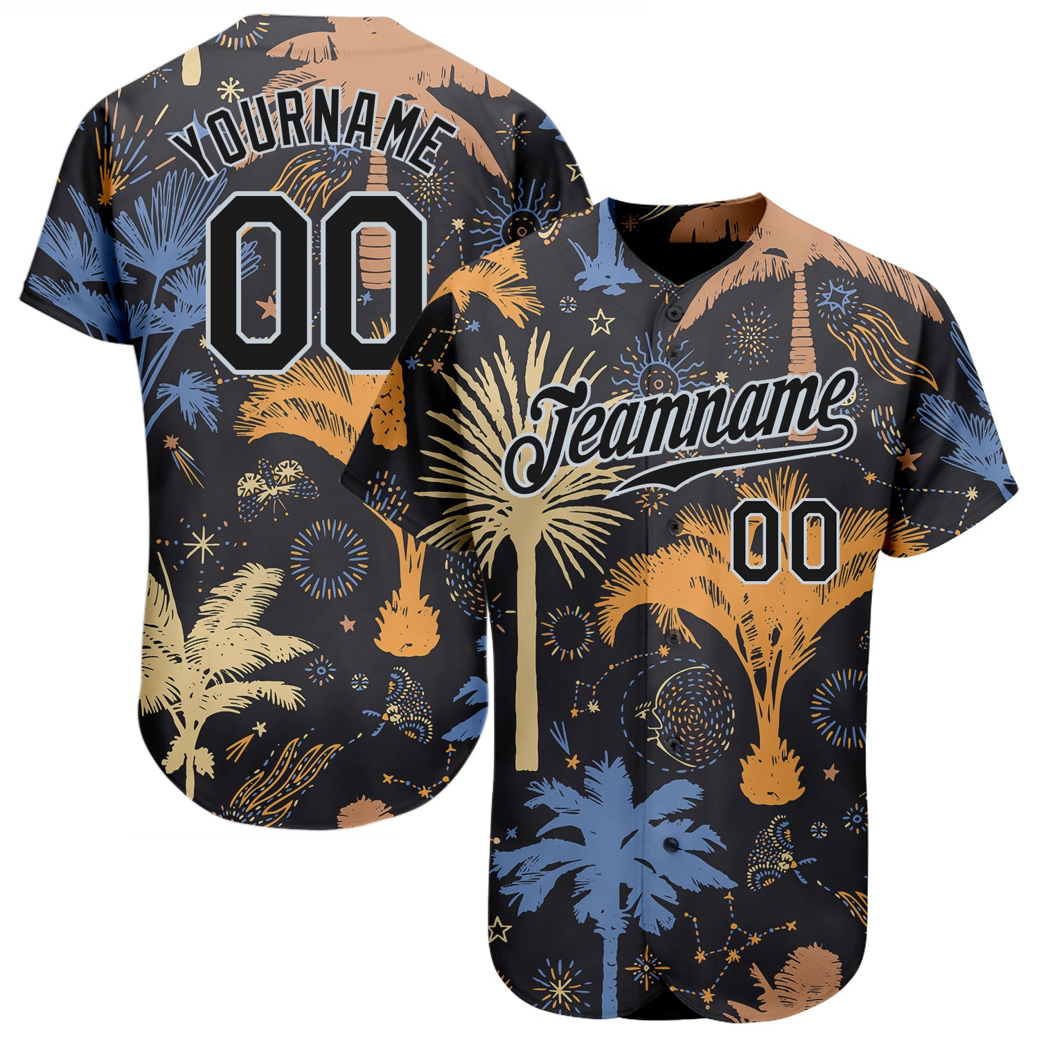 Personalized 3D Hawaii Palm Trees Baseball Jersey in Black Silver for Men Personalized Black Silver 3D Hawaii Palm Trees
