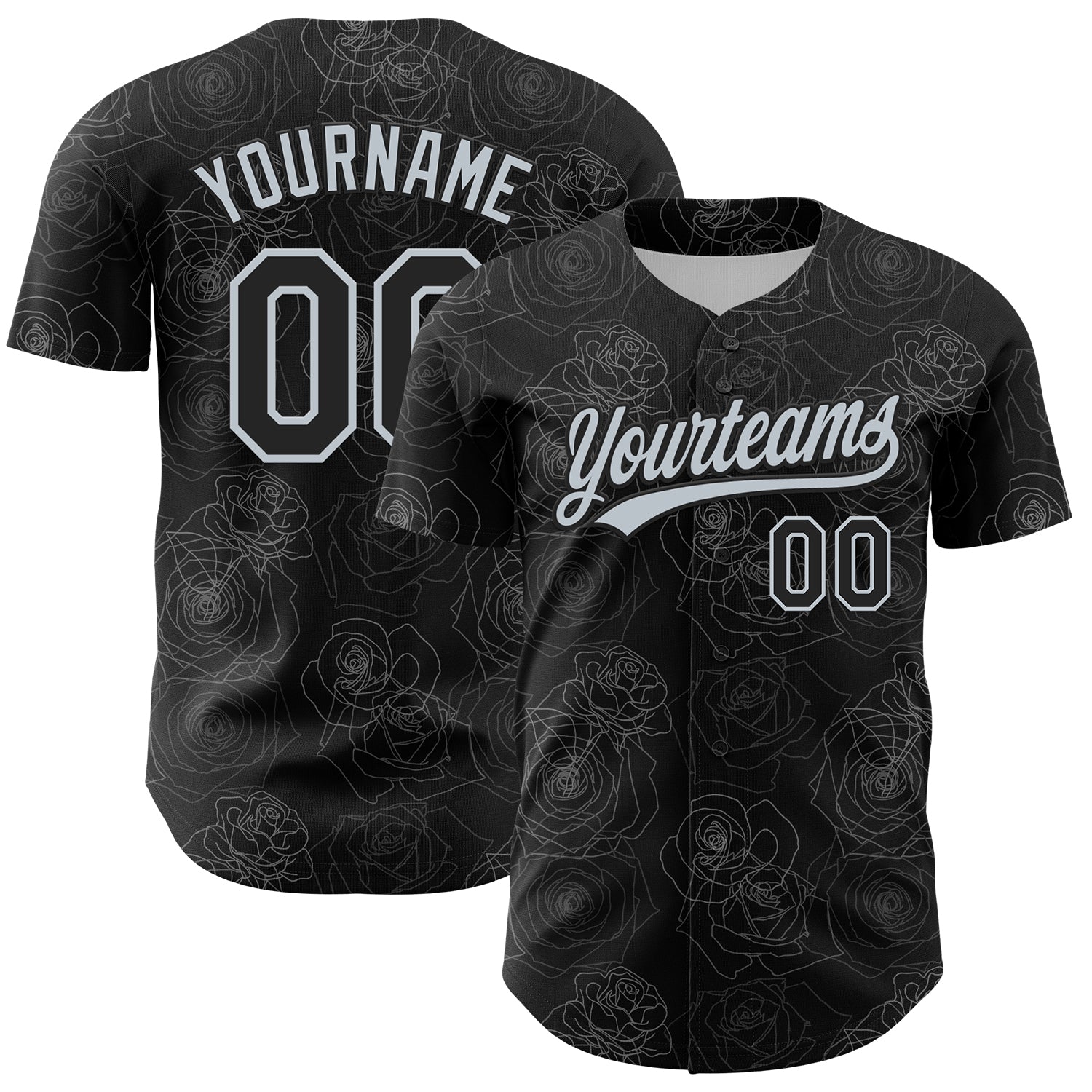 Personalized Gothic Style Rose Baseball Jersey with Custom Name and Number, Black Silver 3D Pattern Design Personalized Black