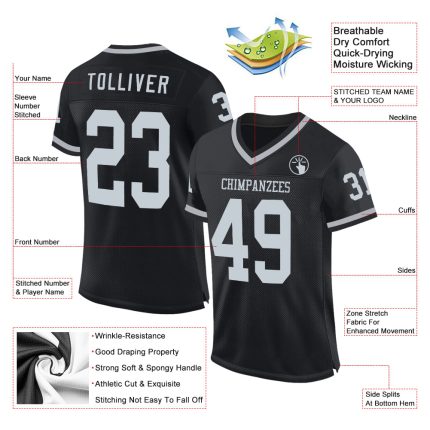 Customizable Black Silver-Gray Mesh Football Jersey with Name and Number - Authentic Throwback Style Personalized Black Silver-Gray