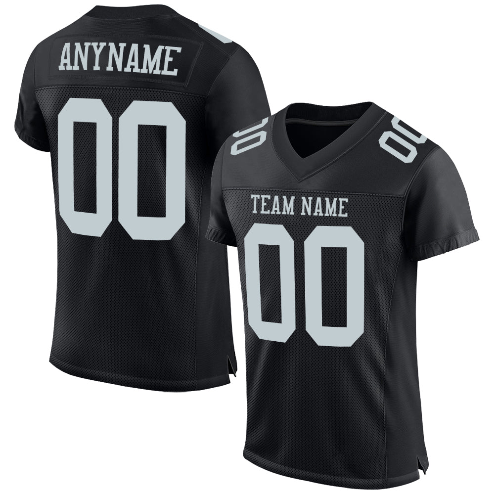 Personalized Custom Football Jersey with Black Silver Mesh, Team Name & Number, Authentic Design Personalized Black Silver
