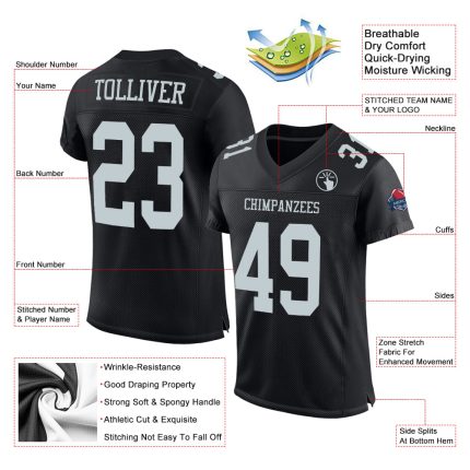 Personalized Custom Football Jersey with Black Silver Mesh, Team Name & Number, Authentic Design Personalized Black Silver