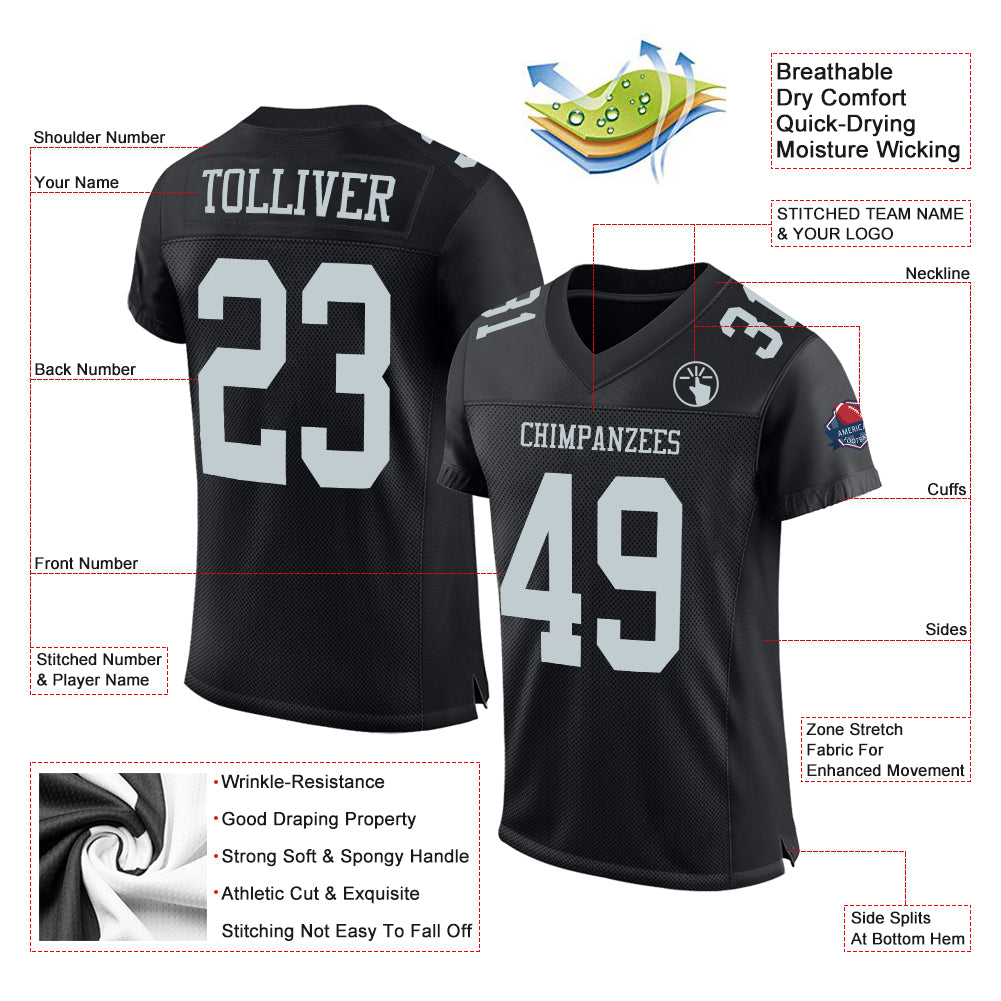 Personalized Black Silver Mesh Football Jersey Personalized Black Silver Football Jersey - Custom Mesh Sports Apparel Personalized Black Silver Mesh Football Jersey - Image 2