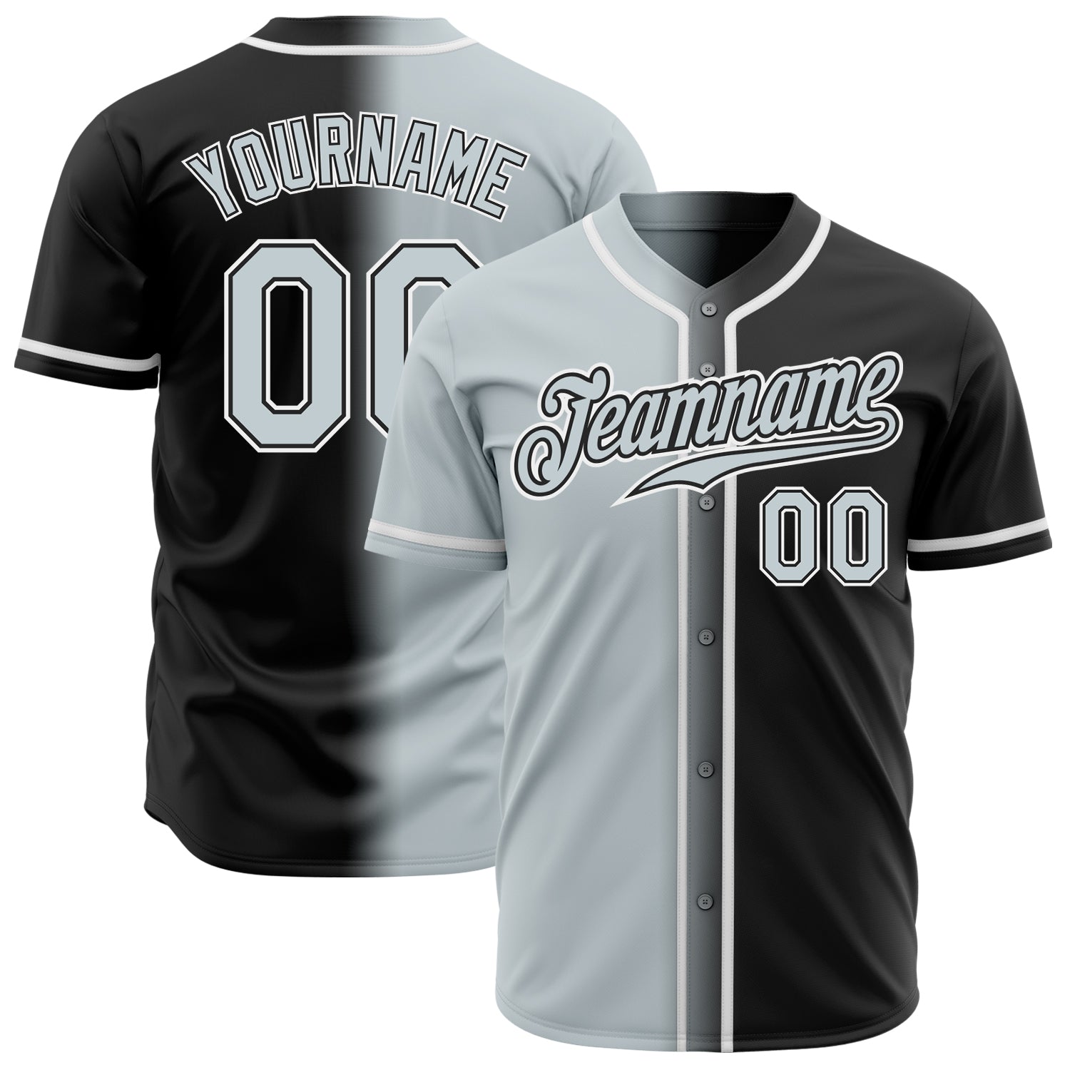 Personalized Black Silver White Gradient Baseball Jersey for Men and Women Fashion Personalized Black Silver-White Gradient