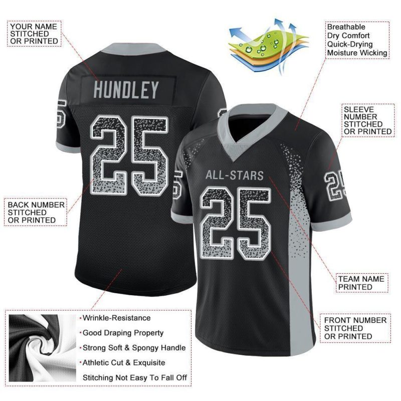 Personalized Black Silver White Drift Fashion Football Jersey - Custom Mesh Design Personalized Black Silver-White Mesh Drift
