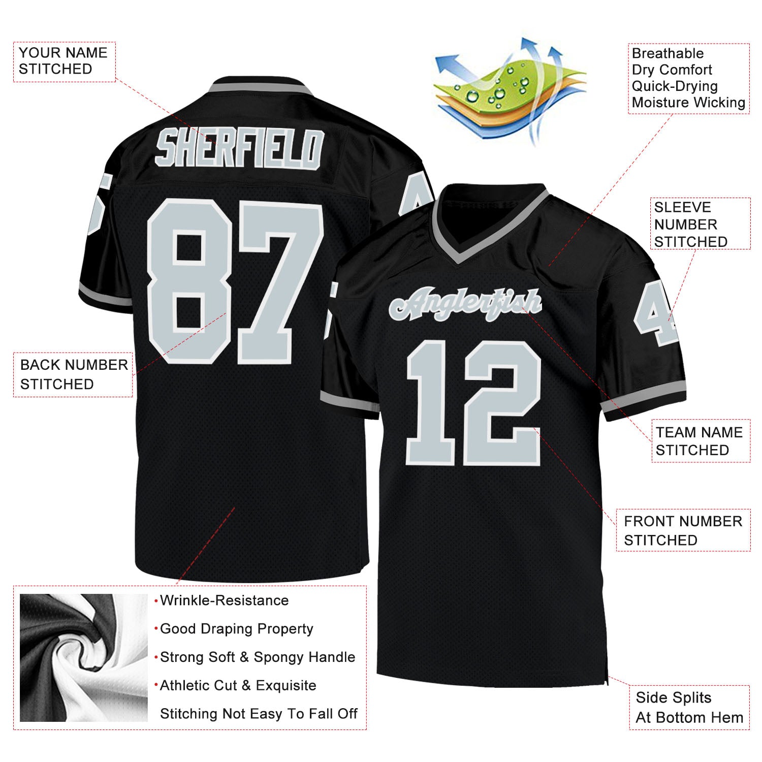 Personalized Black Silver White Throwback Football Jersey - Custom Mesh Design Personalized Black Silver-White Mesh Throwback - Image 4