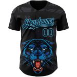 Custom Name Number Authentic Baseball Jersey, Personalized 3D Panther Design, Black Sky Blue Pattern Personalized Black Sky