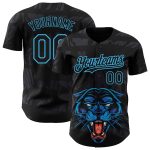 Custom Name Number Authentic Baseball Jersey, Personalized 3D Panther Design, Black Sky Blue Pattern Personalized Black Sky