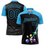 Custom Name and Number 3D Pattern Billiards Polo Shirt in Black and Sky Blue - Personalized Performance Apparel Personalized