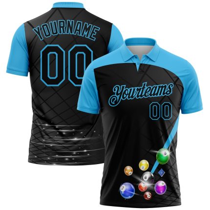 Custom Name and Number 3D Pattern Billiards Polo Shirt in Black and Sky Blue - Personalized Performance Apparel Personalized