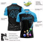 Custom Name and Number 3D Pattern Billiards Polo Shirt in Black and Sky Blue - Personalized Performance Apparel Personalized
