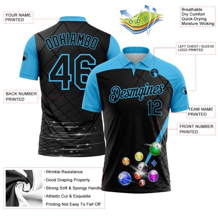 Custom Name and Number 3D Pattern Billiards Polo Shirt in Black and Sky Blue - Personalized Performance Apparel Personalized