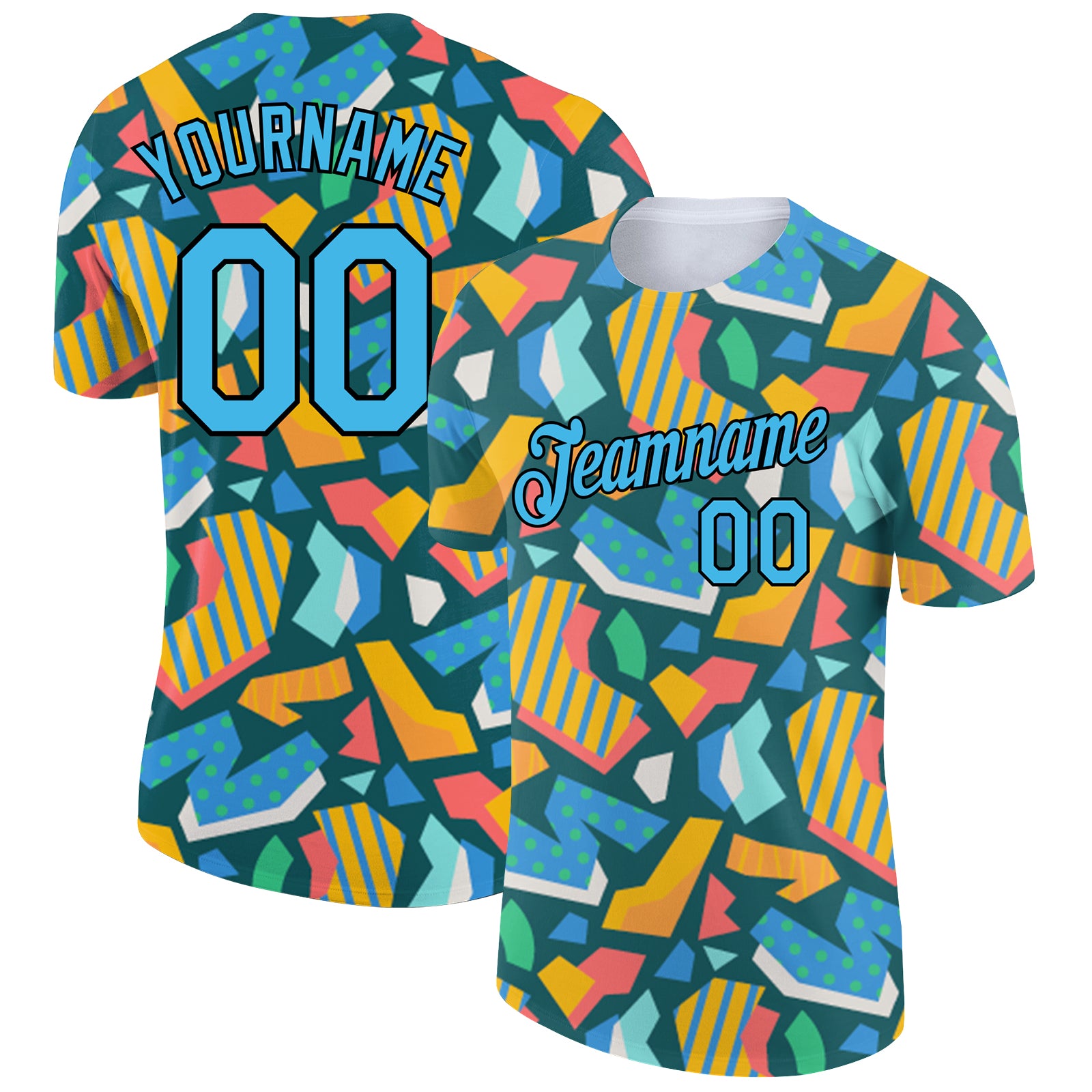 Custom Name and Number Performance T-Shirt with Black Sky Blue 3D Cutout Design - Personalized Team Apparel Personalized