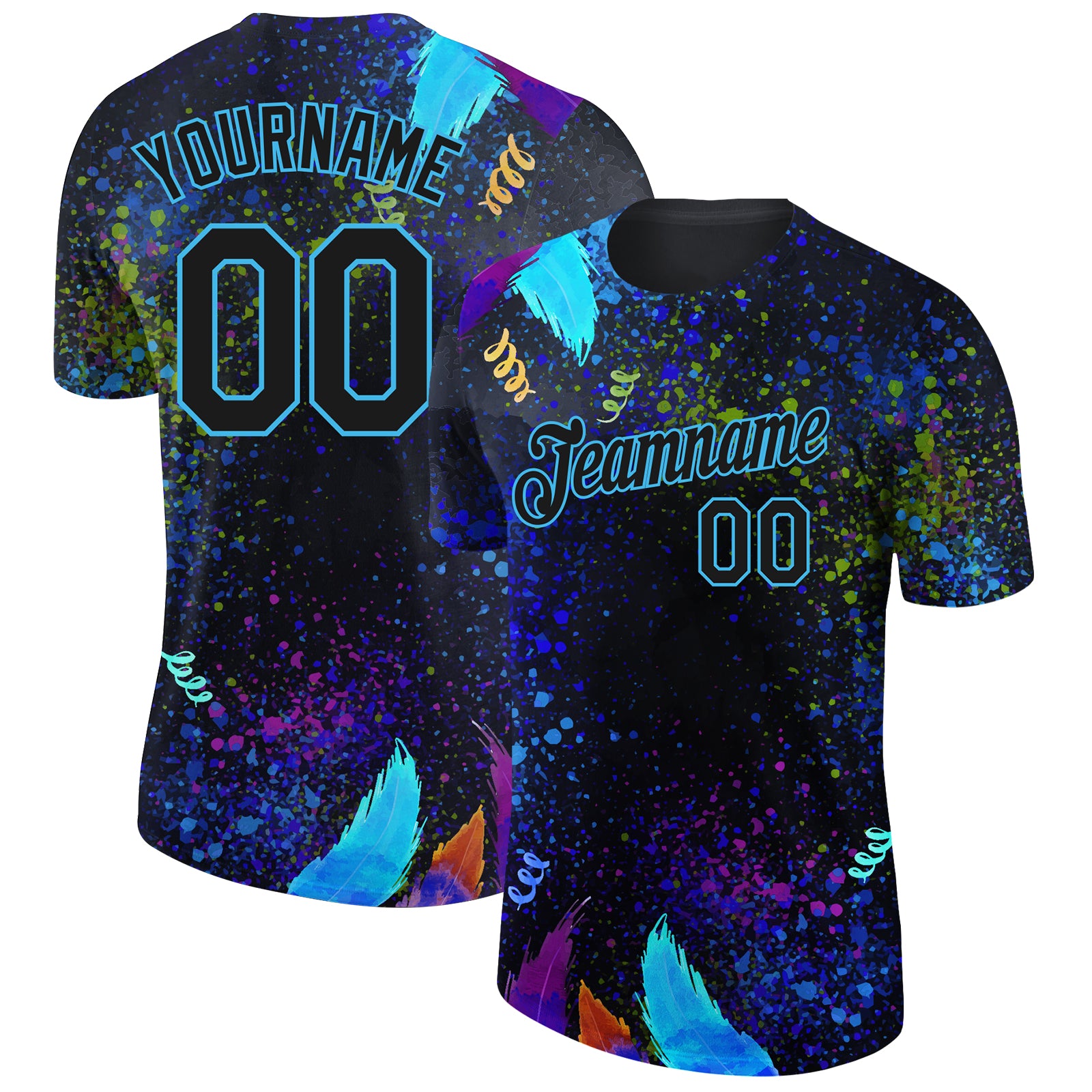 Custom Name and Number Holi Festival Performance T-Shirt with 3D Black Sky Blue Pattern Design Personalized Black Sky Blue