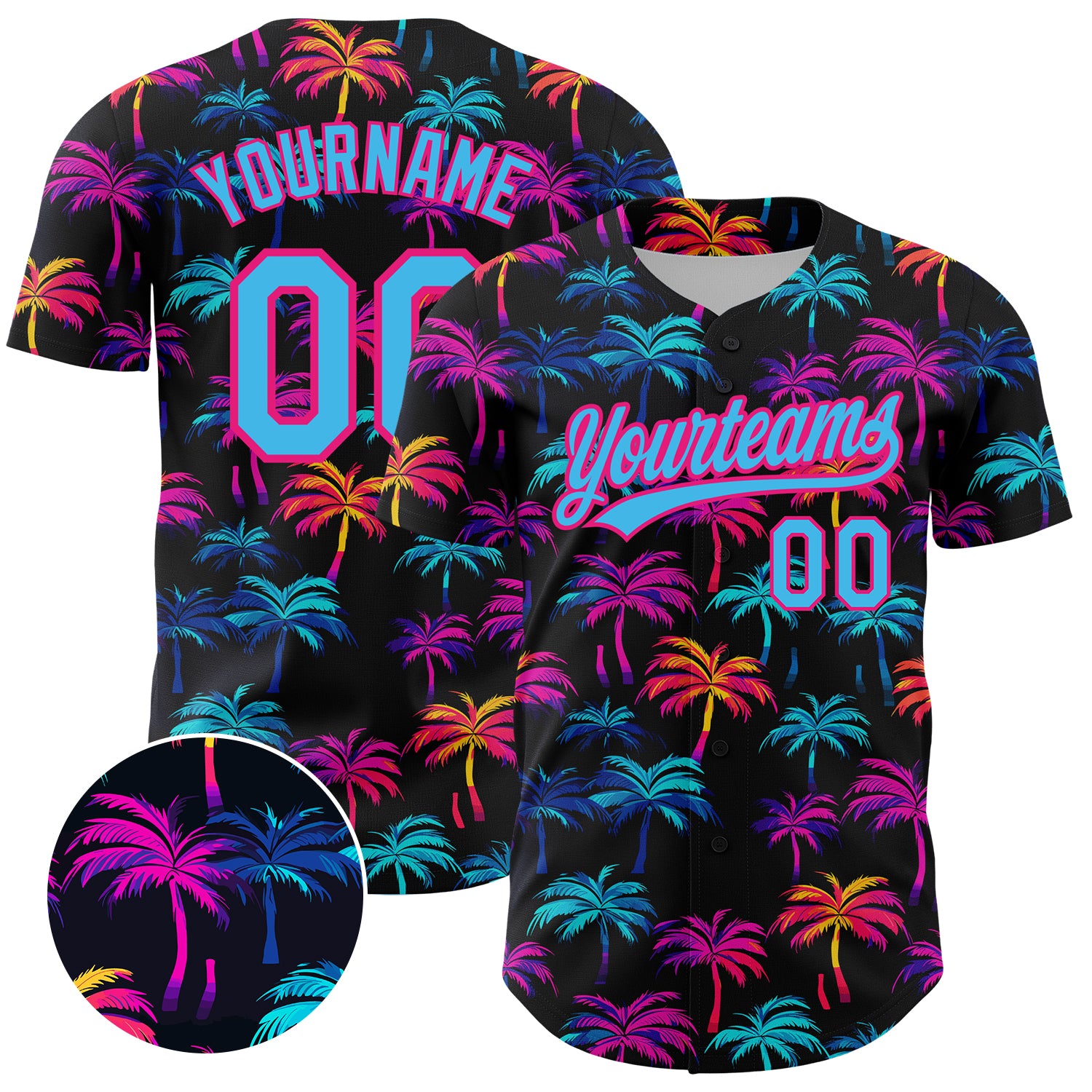 Custom Name and Number Tropical Hawaii Palm Trees Baseball Jersey - Personalized Black Sky Blue Hot Pink 3D Pattern Design