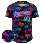 Personalized Hawaii Palm Trees Baseball Jersey - Black Sky Blue Hot Pink 3D Design Personalized Black Sky Blue-Hot Pink 3D