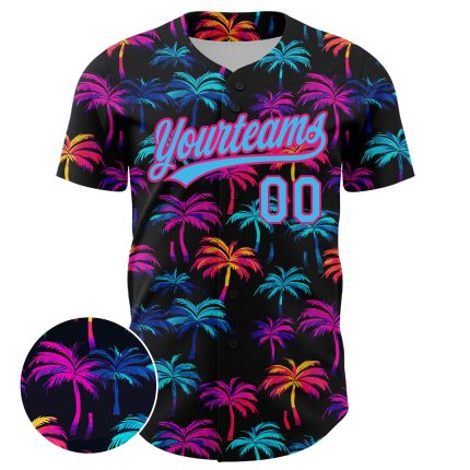 Personalized Hawaii Palm Trees Baseball Jersey - Black Sky Blue Hot Pink 3D Design Personalized Black Sky Blue-Hot Pink 3D