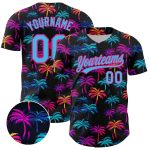 Personalized Hawaii Palm Trees Baseball Jersey - Black Sky Blue Hot Pink 3D Design Personalized Black Sky Blue-Hot Pink 3D