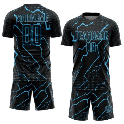 Personalized Lightning Soccer Jersey - Black and Sky Blue Sublimation Uniform Personalized Black Sky Blue Lightning Sublimation