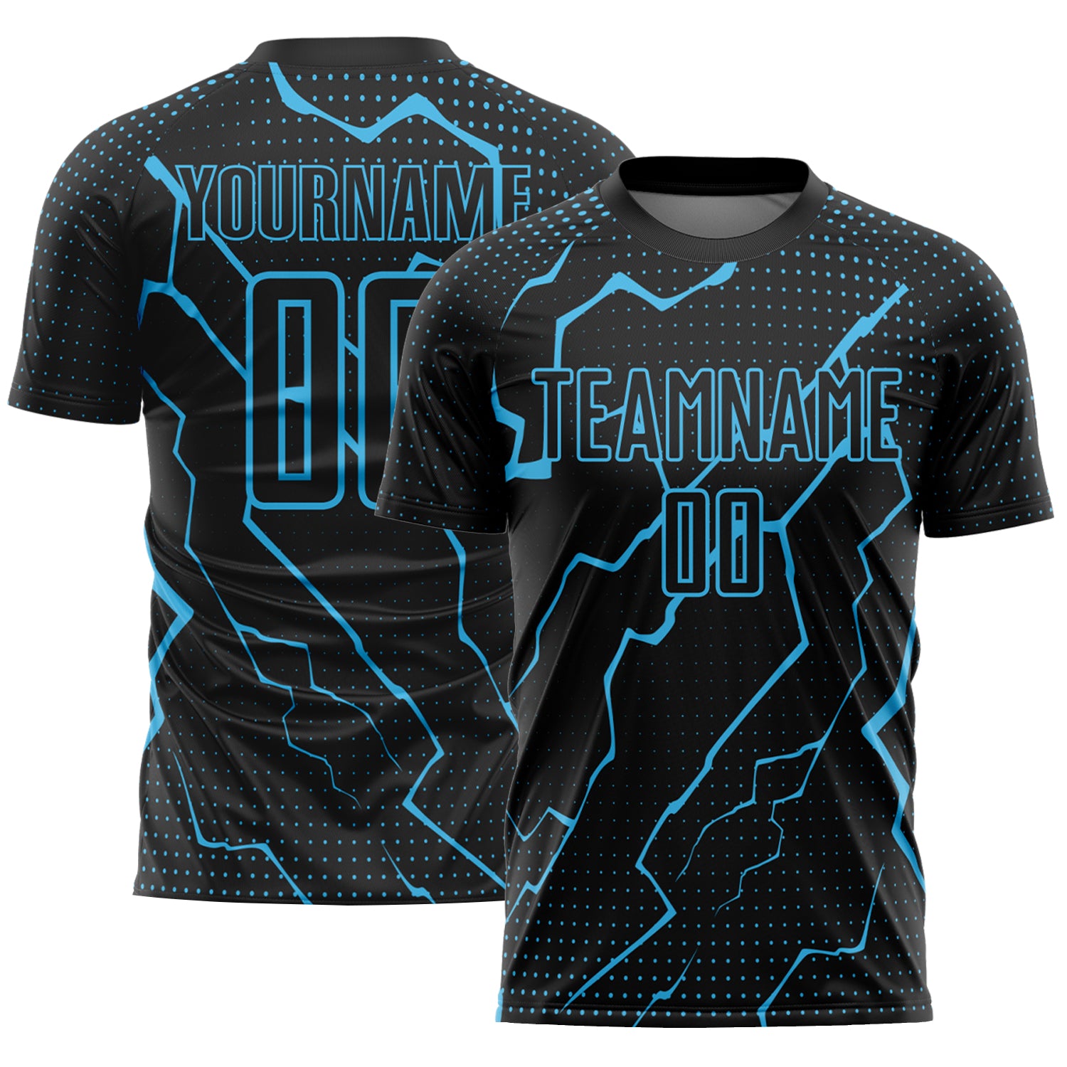 Custom Name Number Soccer Jersey Lightning Design - Personalized Black Sky Blue Sublimation Uniform Personalized Black Sky