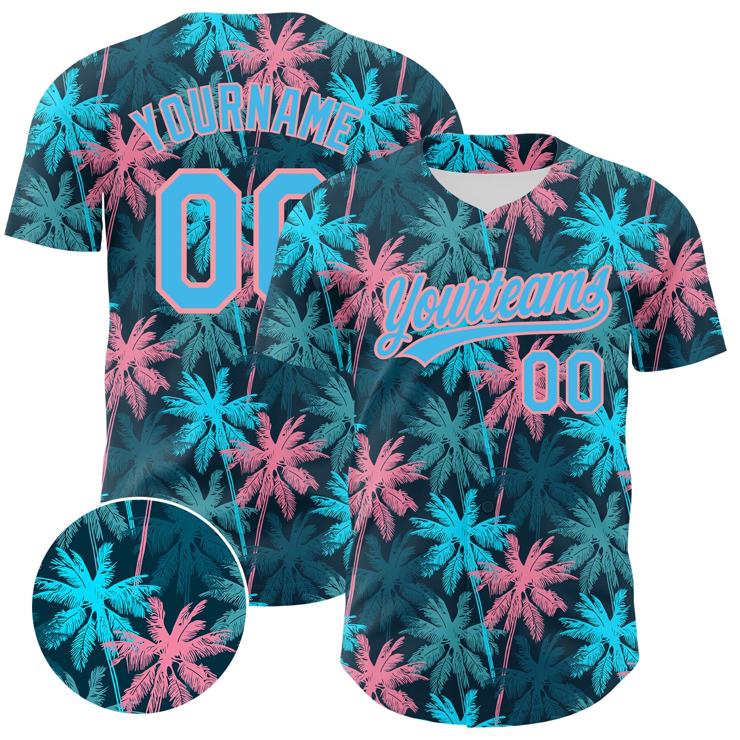 Custom Name and Number Tropical Hawaii Palm Trees 3D Pattern Baseball Jersey - Personalized Black Sky Blue Medium Pink Personalized
