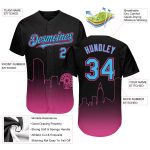 Personalized Miami City Edition Fade Fashion Baseball Jersey in Black Sky Blue-Pink Color Personalized Black Sky Blue-Pink