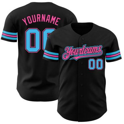 Custom Authentic Baseball Jersey - Personalized Black Sky Blue Pink with Name and Number Personalized Black Sky Blue-Pink