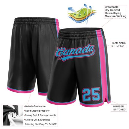Custom Name and Number Basketball Shorts in Black Sky Blue-Pink - Personalized Authentic Team Gear Personalized Black Sky