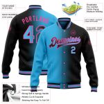 Custom Team Name Number Gradient Bomber Jacket Black Sky Blue Pink Full-Snap Varsity Letterman Fashion Jacket Personalized