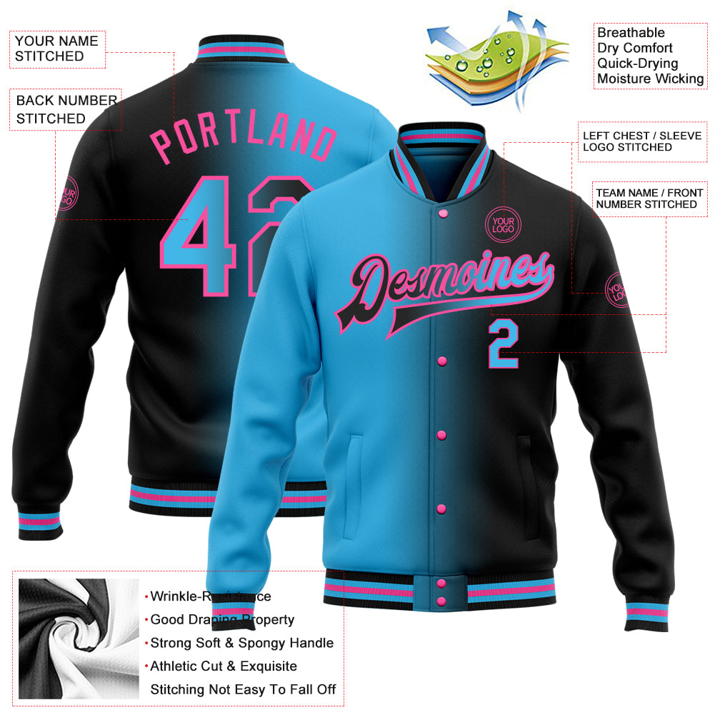 Personalized Black Sky Blue-Pink Bomber Full-Snap Varsity Letterman Gradient Fashion Jacket Team Custom Name and Number Custom Team Name Number Gradient Bomber Jacket Black Sky Blue Pink Full-Snap Varsity Letterman Fashion Jacket Personalized - Image 3