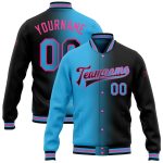 Custom Team Name Number Gradient Bomber Jacket Black Sky Blue Pink Full-Snap Varsity Letterman Fashion Jacket Personalized
