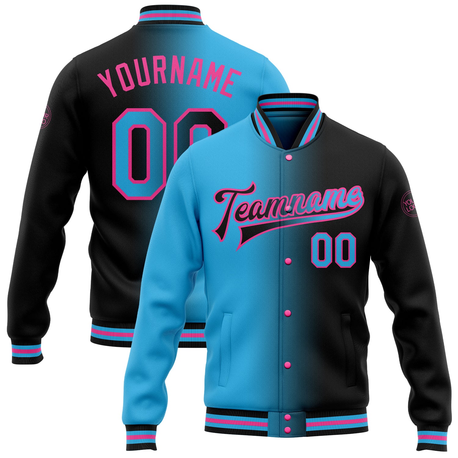 Custom Team Name Number Gradient Bomber Jacket Black Sky Blue Pink Full-Snap Varsity Letterman Fashion Jacket Personalized