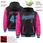 Custom Personalized Varsity Letterman Hoodie Jacket for Team - Two Tone Black Sky Blue and Pink, Full-Snap, with Name and Number