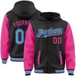 Custom Personalized Varsity Letterman Hoodie Jacket for Team - Two Tone Black Sky Blue and Pink, Full-Snap, with Name and Number