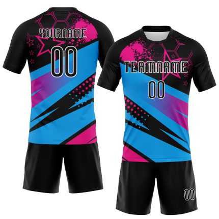 Custom Sublimation Volleyball Jersey with Personalized Name & Number - Black Sky Blue Pink Geometric Design Personalized