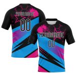 Custom Sublimation Volleyball Jersey with Personalized Name & Number - Black Sky Blue Pink Geometric Design Personalized