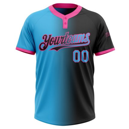 Personalized Gradient Softball Jersey - Unisex Black Sky Blue-Pink Two-Button Design Personalized Black Sky Blue-Pink Gradient