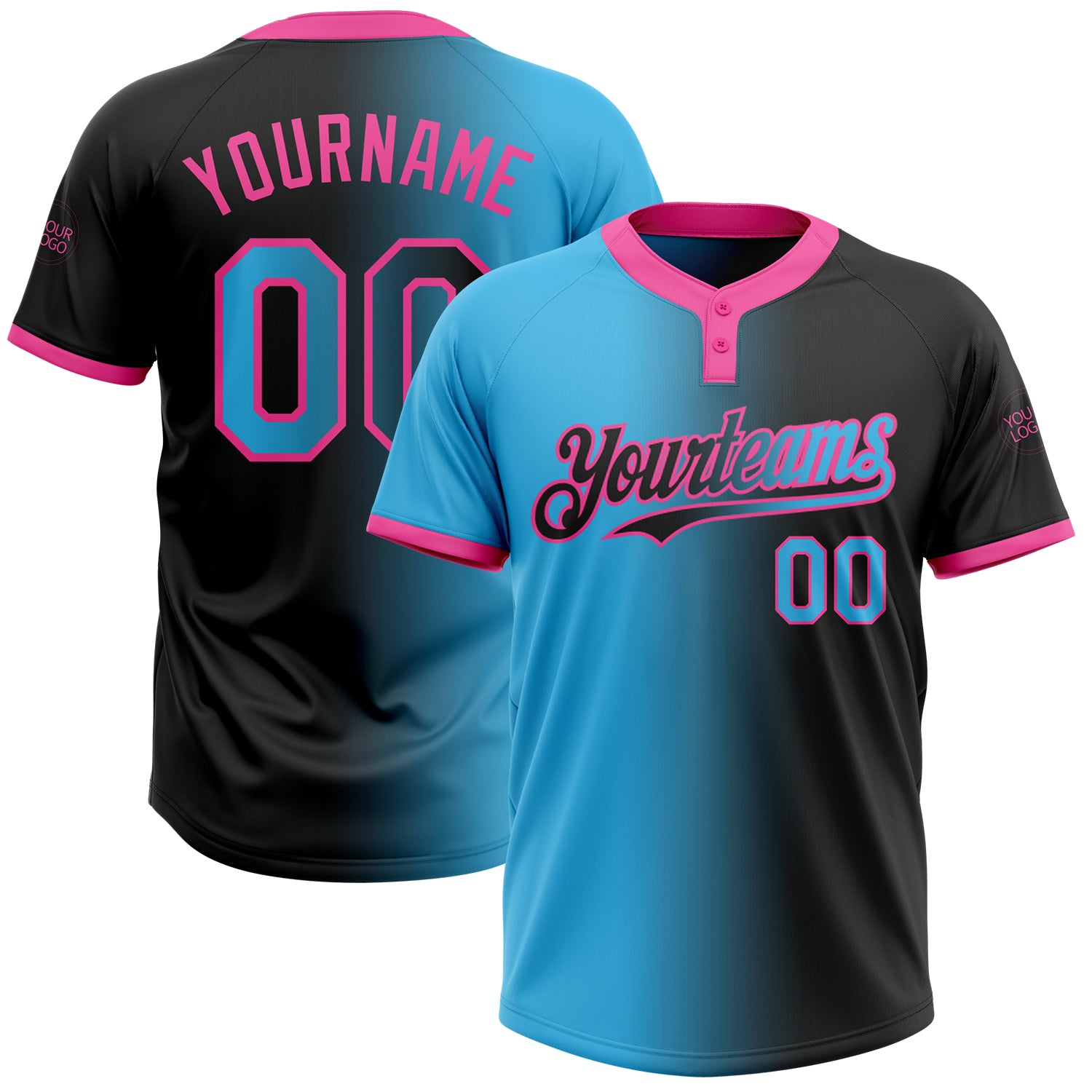 Custom Name Number Unisex Softball Jersey - Personalized Black Sky Blue Pink Gradient Fashion Two-Button Design Personalized