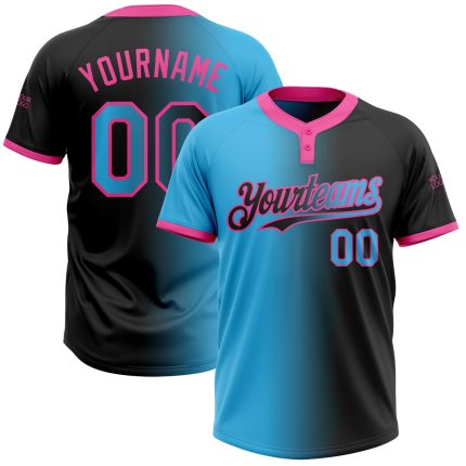 Personalized Gradient Softball Jersey - Unisex Black Sky Blue-Pink Two-Button Design Personalized Black Sky Blue-Pink Gradient