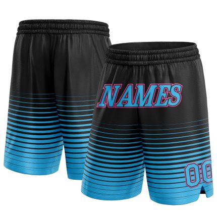 Custom Basketball Shorts with Name & Number - Personalized Fade Pinstripe in Black Sky Blue-Pink Design Personalized Black